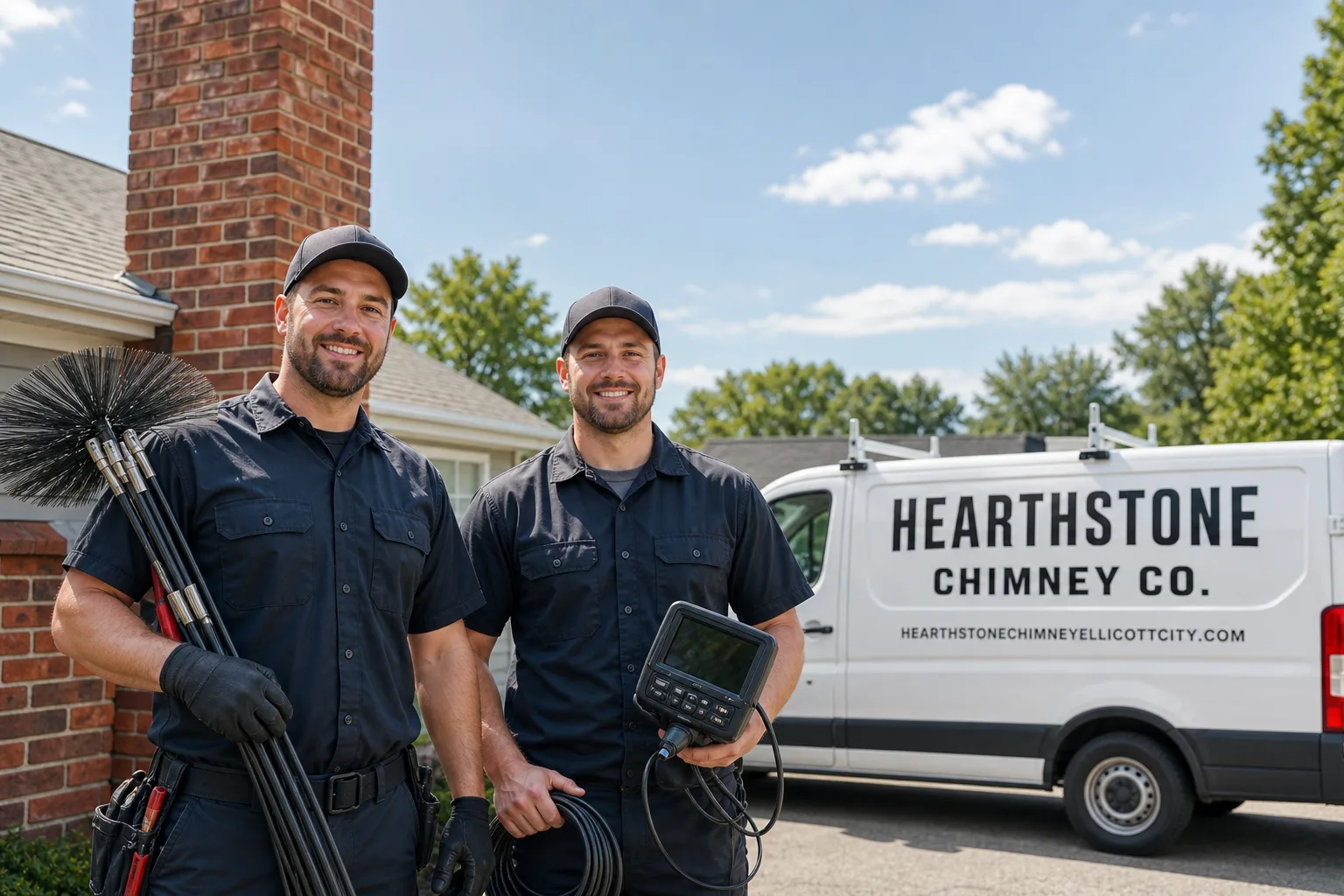 Hearthstone Chimney Co. chimney cleaning service vehicle and crew in Ellicott City, MD